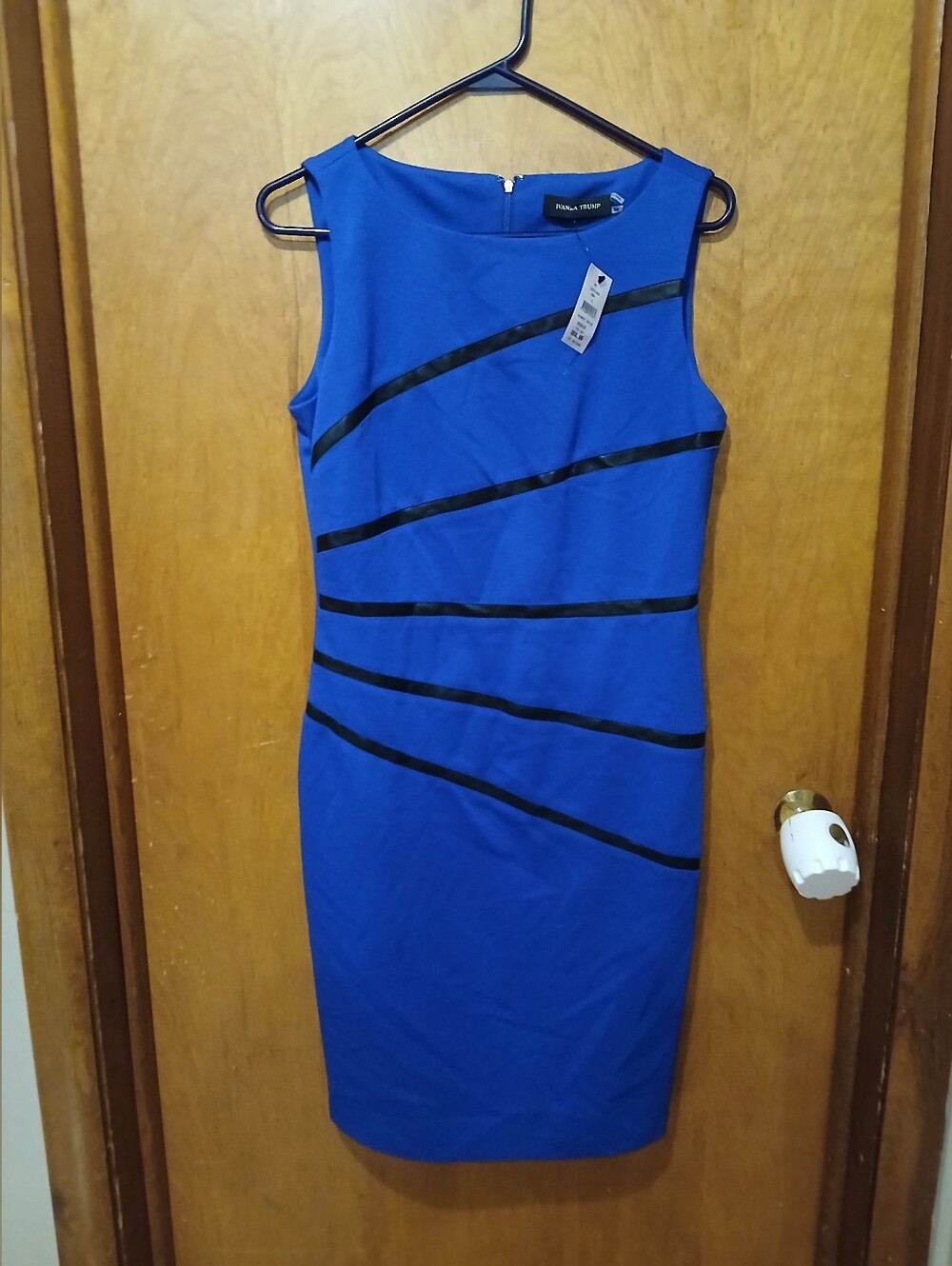 Ivanka Trump Royal Blue Midi Sheath Dress with Black Diagonal Stripes